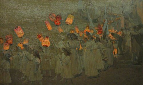 Jubilee Procession through a Cornish Village (1897) by George Sherwood Hunter (1846-1919). Cornwall 