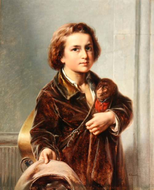 August Carl Vilhelm Thomsen (Danish 1813-1886) Young Boy with Monkey oil on canvas