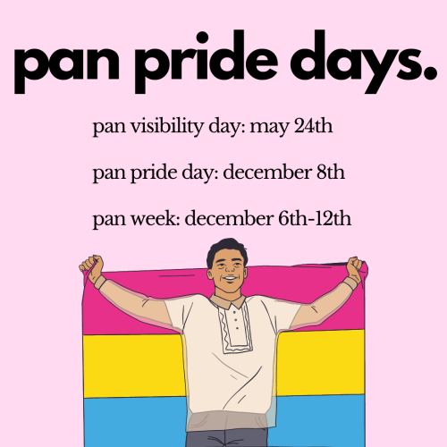A light pink background with a person holding a pansexual flag behind them, black text reading, “pan pride days. pan visibility day: may 24th, pan pride day: december 8th, pan week: december 6th-12th.”