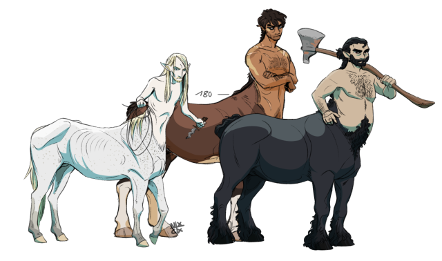 Three mal centaurs. A white emaciated centaur with a dagger and a rope in the front left. On the right, a white skinned centaur with black hair, a beard, a gut and a fat draft horse lower body. He is holding an axe. Behind them towers a brown clydesdale centaur. His height at the withers are marked with "180 centimeters". They all look rough and unfriendly