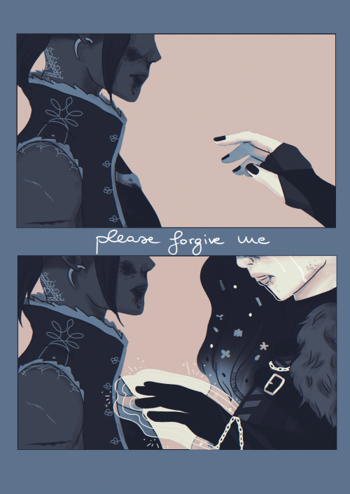 infernallegaycy: cinciallegre: healing hands [id: a blue-toned comic featuring beau and yasha. beau 