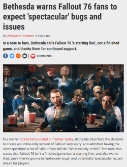 thespectacularspider-girl: stable86:  leeterr:  &gt;we have no idea how to make games &gt;thanks for the money though lol Does bethesda do anything right? I can’t think of one thing.  &gt;When your AAA games QA budget is less than 10 dollars  The fact