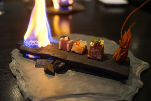 kathrynyu:  Highlights of dinner at Alinea: 1. Raw scallops on a bed of seaweed and liquid nitrogen  2. Japanese charcoal on a rock slab, with seared tuna, pork belly, wagyu beef, and a crispy shrimp head 3. Duck five ways, served with 60 different garnis