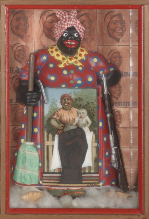 Betye Saar’s 1972 assemblage piece, The Liberation of Aunt Jemima reclaims the image of Aunt Jemima,