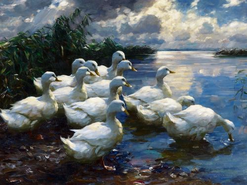 Alexander Koester (1864-1932) - Ducks at Lake Constance. Oil on canvas.