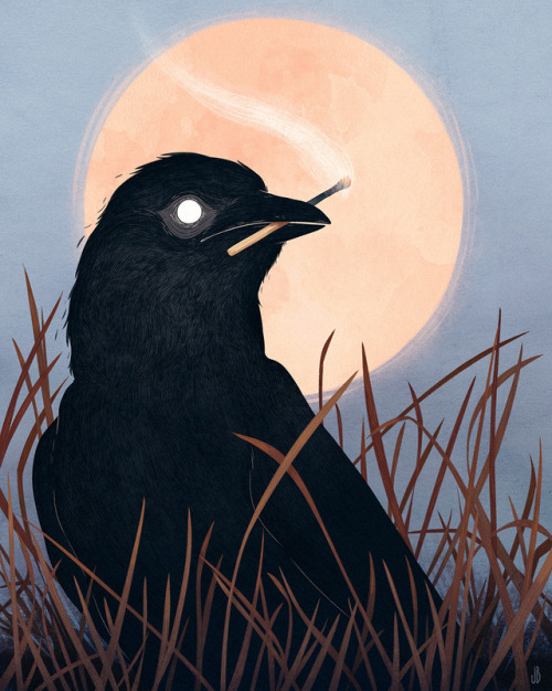 theweefreewomen:dappermouth:in autumn you can smell the fields, burning far away[ID: art of a crow d