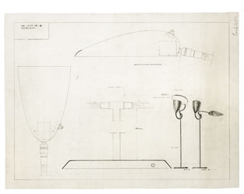 Greta Magnusson Grossman, Floor lamp model 900 F, 1940. Technical drawing for a floor lamp with two 