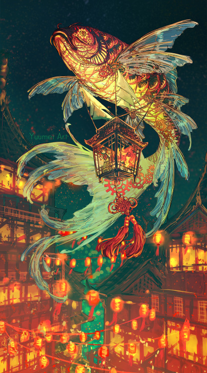 yuumei-art: My preferred mode of transportation~ on a giant steampunk koi blimp