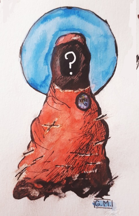 [ID: Watercolour and pen drawing of a vague, black figure in a red robe. Their robe is covered in te