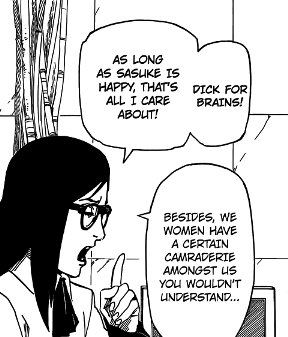 madara-fate:  I like how some antis worship Karin and say how selfless her love is in comparison to Sakura’s, yet they conveniently disregard Karin’s own words concerning how Sasuke is now happy with Sakura, all because Sasuke’s not too keen on