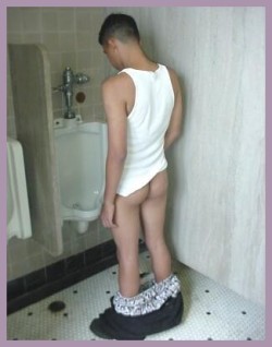 slaveboymatt:  Master had him well trained. Whenever he needed to pee he always had to use the urinal and always had to pull his pants all the way down so everyone could see his well used ass.