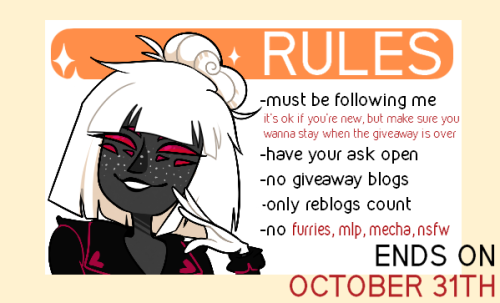 wi-fu:  Hey! It’s wi-fu, and I recently hit 8000 followers. Since we’re in everyone’s favourite month of the year, I figured it would be cool to host another art giveaway! Let me know if you have any questions, or check my giveaway tag ❤ 