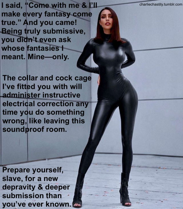 I said, &ldquo;Come with me &amp; I&rsquo;ll make every fantasy come true.&rdquo; And you came! Being truly submissive, you didn&rsquo;t even ask whose fantasies I meant. Mine&ndash;only.The collar and cock cage I&rsquo;ve fitted you with will administer