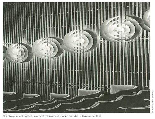 Poul Henningsen, Large double-spiral wall light from the Scala Cinema Concert Hall, Arhus Theater, 1