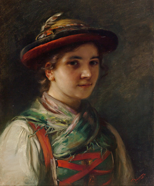 Front image of a young female from Tirol, with a hat Franz von Defregger 1835