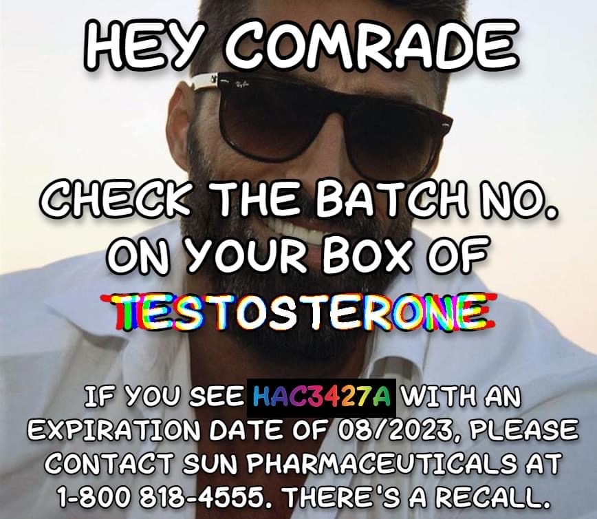 oxbowreality:local-transan:vanishing-echo-deactivated20230:Image ID: A smiling man overlaid with text (some black & white, some colored). Text is in all caps comic sans. I will rewrite it in plaintext. Text reads: Hey comradeCheck the batch No. on