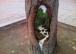 Tree trunk painting by 23 year old Chinese