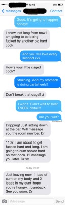 smokinhotcpl:  Messages from Mrs. Smokinhot during a recent rendezvous with a stranger in a hotel room  As if a cuck has the prowess to break his cage! He probably struggles with the hymen, so I think the cage is safe.