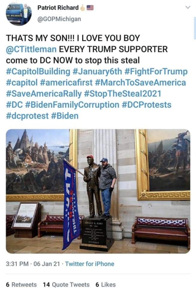 Patriot Richard posting a picture of his son online rioting at Capitol Hill and saying he's proudof him and all Trump supporters should go down there. 