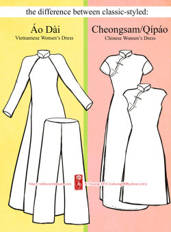 nannaia:  A while ago I was asked about the construction of the Vietnamese Ao Dai and Chinese Cheongsam/Qipao. I had a few dresses at my disposal and figured it would be fun to do a compare and contrast. Due to the small collection, I was only able to