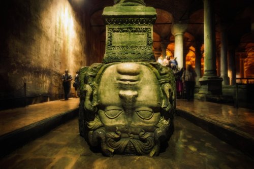 blondebrainpower:One of the two Medusa heads, found in Istanbul’s Basilica Cistern, built in the 6th century.