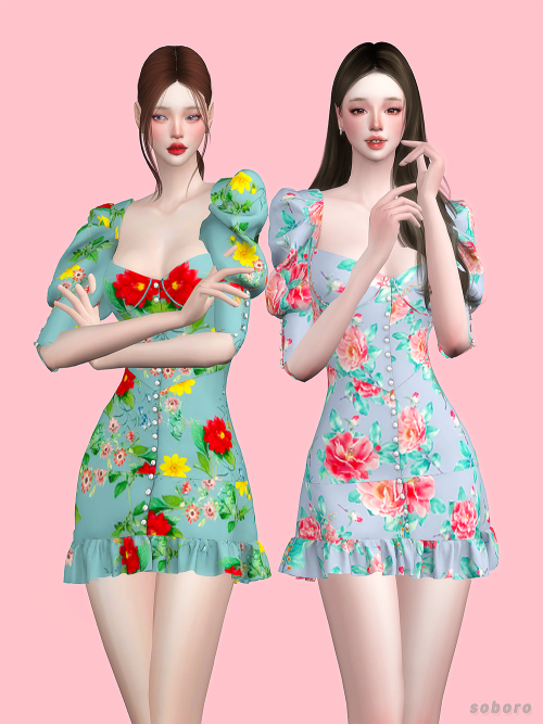 soboro-sims:[soboro] Flower Spring Dress  New mesh 32 Swatch Clothing body All LODs TS4Do not re-col