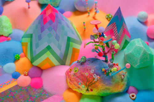asylum-art:Candyland: Pip & Pop’s Dreamy, Dyed-Sugar Kingdoms														Between Willy Wonka, Fantasia, and the Candyland board game, who hasn’t let their mind occasionally wander to a place colored with a Lisa Frank palette; where jewels are