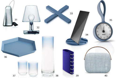 31. Infuseur à thé, Eva Solo, dès 29 CHF 32. Lampe de table Transloetje, Fatboy, 125 CHF 33. Sous-plat magnétique, Eva solo, 35 CHF 34. Support tablette et sous-plat SmartMat, Eva Solo, 49 CHF 35. Minuteur avec sangle, Eva Solo, 26 CHF 36. Plateau...