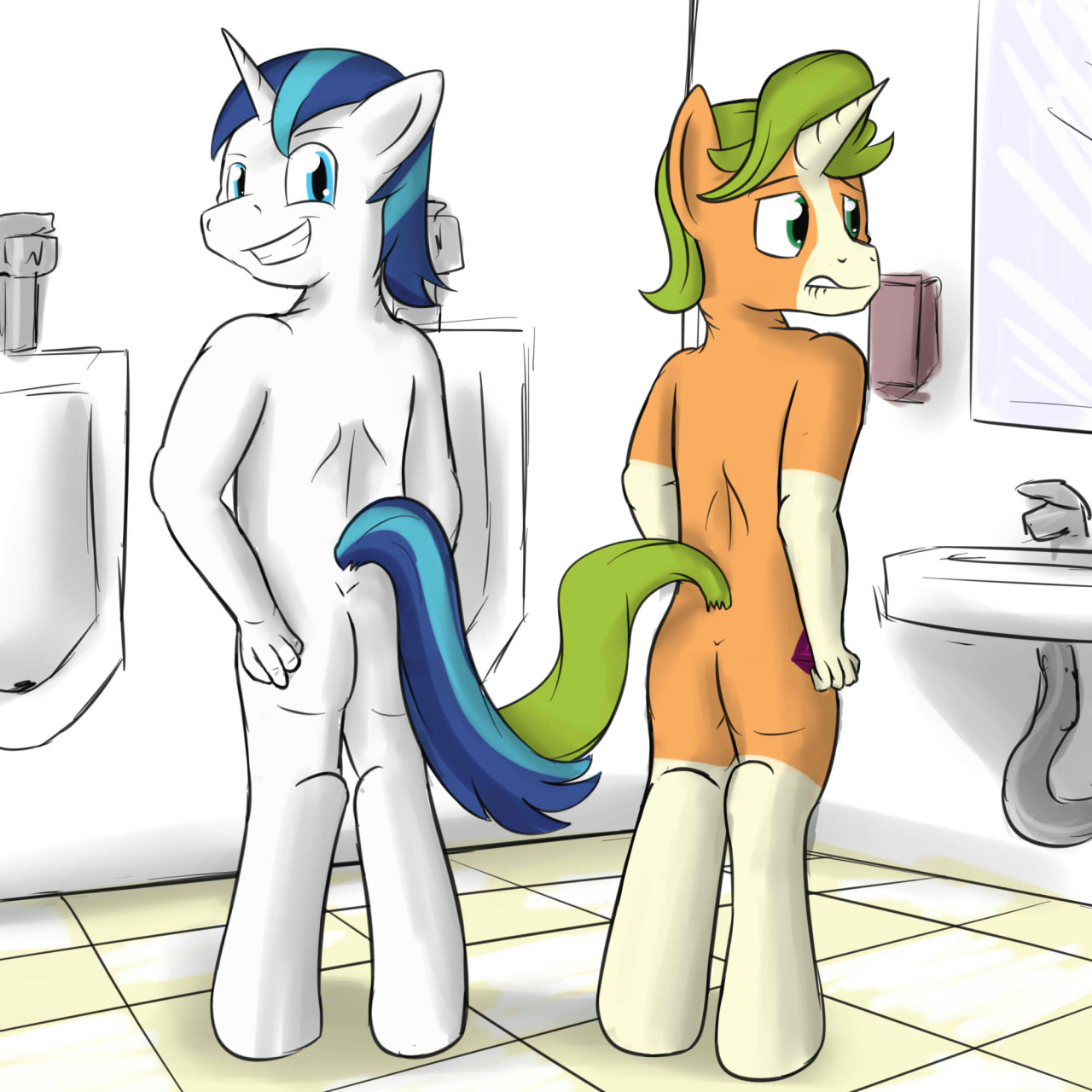 Shining Armor and Gaffer showing off their butts.  Why in the bathroom?  Who are