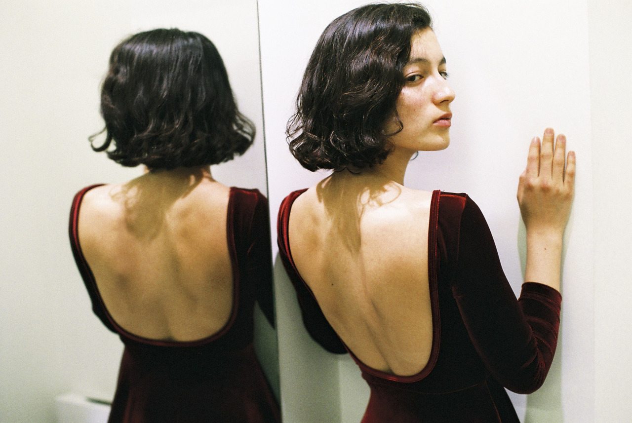 americanapparel:  Haya in the NEW Long Sleeve Velvet Skater Dress. 
