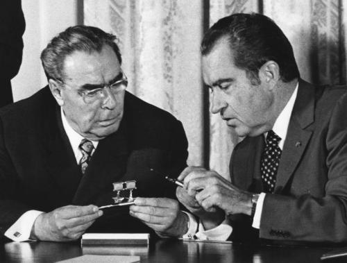 Soviet Leader Leonid Brezhnev and US President Richard Nixon compare pens in 1972.Brezhnev: Clearly 