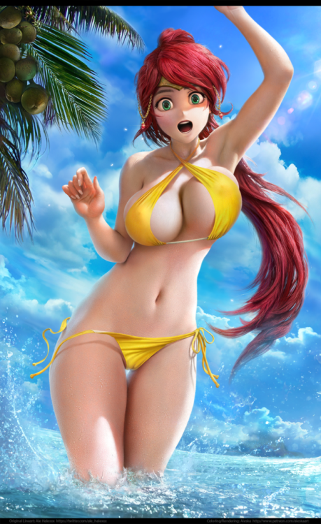 aleskaart:  Pyrrha Nikos from RWBY in summer bikiniThis time the original lineart was done by an ama