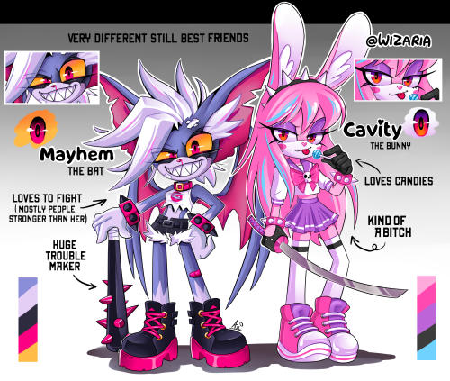 Hey look! I made myself some ocs! (yeah finally) So this is Mayhem the bat (she’s 18) and Cavi