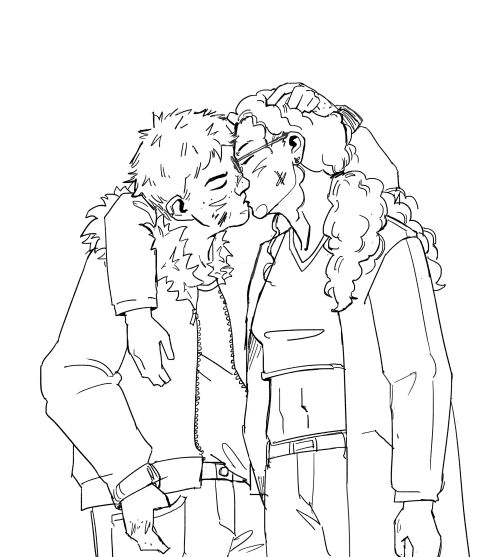 Black and white line drawing of Rachel Lindt and Taylor Hebert kissing. Rachel has one hand on Taylor's head, Taylor has one arm around Rachel's shoulder. They are dressed in civilian clothes (Rachel wears her fur-trimmed jacket, Taylor wears a crop top and long coat).