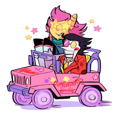 colliholly:





* Spamton and Colandra feel the sweet breeze as they take a ride around town (and run over 5 people). #deltarune#spamton #spamton x reader