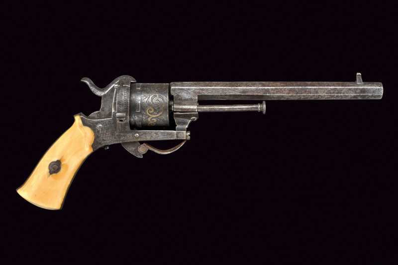 peashooter85:  An engraved ivory handled folding trigger pinfire revolver originating