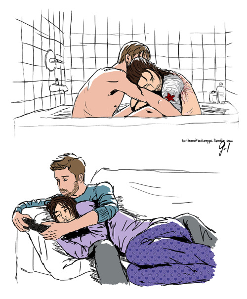 tuntematonkorppi: @kalika999 asked for bucky using steve as a pillow no matter what he’s doing