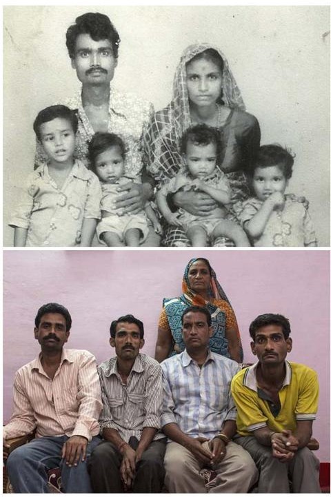 Foto combinada del antes y el después de la catástrofe: En la imagen superior, Zubeida Bi posa junto a su marido, Salim Rehman, en una fotografía familiar. En la imagen inferior, Zubeida posa sola, después de que su marido muriera en 1984 a...