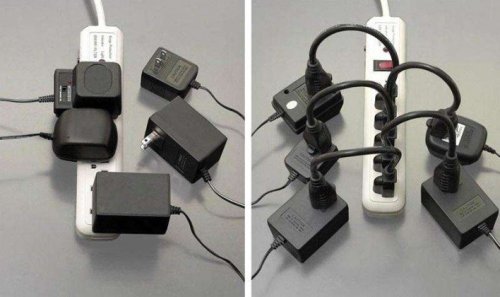 Liberate Your Power Strips
Help ease the clutter under a desk or behind an entertainment unit with these extension cables. The ones pictures in the photo are 12" and retail for $11.99 for a pack of 5.
You can also purchase translucent coloured 8"...