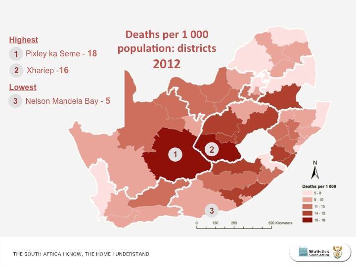 Deaths per 1000 population by districts RSA, 2012 - Maps on the Web