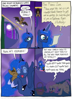 twixiegeniesmod:  lloxie:  animakitty:  A gift for Princess Luna by KTurtle KT’s been doing some cute MLP comics lately.  Aww :3  Doctor Whooves bat?  &hellip;I didn&rsquo;t notice that, but you&rsquo;re right, that IS what it looks like x3 *giggles*