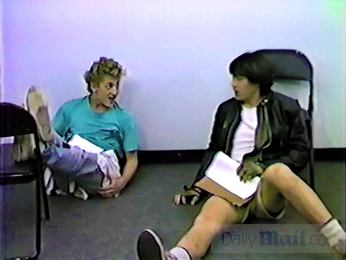 pajamasecrets:

Alex Winter and Keanu Reeves auditioning for Bill & Ted in 1986! #i love Them #alex winter#keanu reeves #bill and ted #gif#bts#fuckit#bill/ted