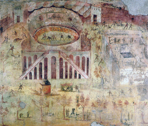 Fresco depicting the battle at the amphitheater of Pompeii between Pompeians and Nucerians in 59 CE,