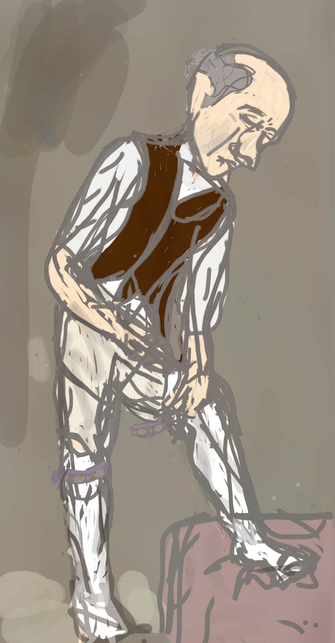 digital art of Alfred from the death gate cycle- a pale, balding person in historical clothing- specifically historical underclothing: a white shirt, sleeves rolled up, a brown vest, beige thigh length  underpants, and silky white stockings going up above the knee, one already held in place by an intricately patterned purple ribbon. He is leaning forward to tie the other around his thigh, resting his leg up on something, with an expression of serene concentration. The background is lit warmly.