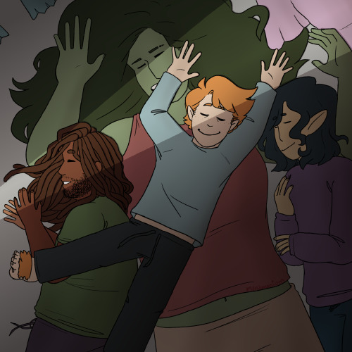 [id: a drawing of several characters from the podcast bomBARDed, all sleepin in a cuddle pile! liste