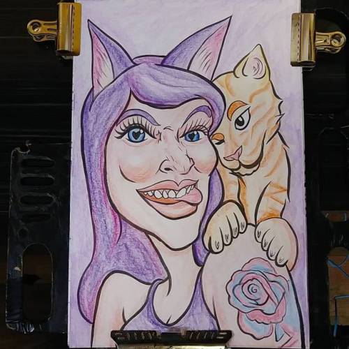 Caricature of my girlfriend and her cat Ralph. Meow.   #meow #caricatures #caricature #art #drawing #portrait #cartoony #artstix #ink #artistsoninstagram #artistsontumblr  (at Raven’s Eye Ink)