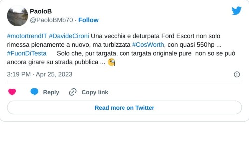 #motortrendIT #DavideCironi Una vecchia e deturpata Ford Escort non solo rimessa pienamente a nuovo, ma turbizzata #CosWorth, con quasi 550hp ... #FuoriDiTesta😶 Solo che, pur targata, con targata originale pure non so se può ancora girare su strada pubblica ... 🧐😶  — PaoloB (@PaoloBMb70) April 25, 2023