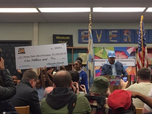 justincasef:Chance the Rapper donating $1,000,000 to Chicago Public Schools at Westcott Elementary S