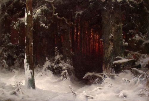 art-and-things-of-beauty:Ludwig Munthe (1841-1896) - Sunset in a snowy forest.
