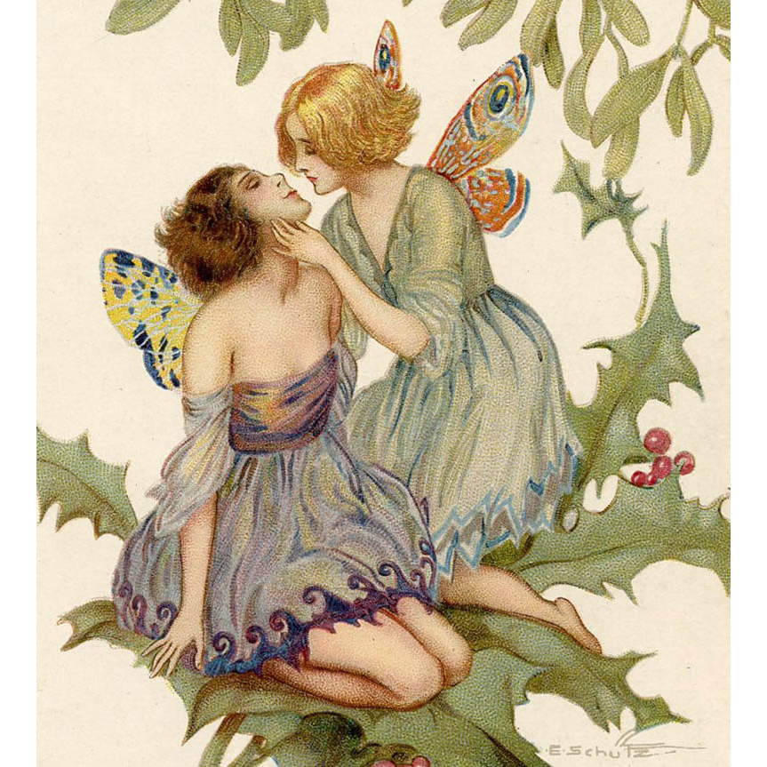thefaeryhost: Erich Schütz  __  Two Butterfly Fairies Kissing on a Holly Branch